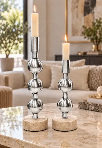 Mermer tabanlı 2'li metal top mumluk (gümüş)