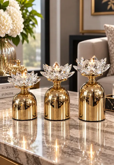 Ayaklı kristal nilüfer mumluk 3lü (altın)