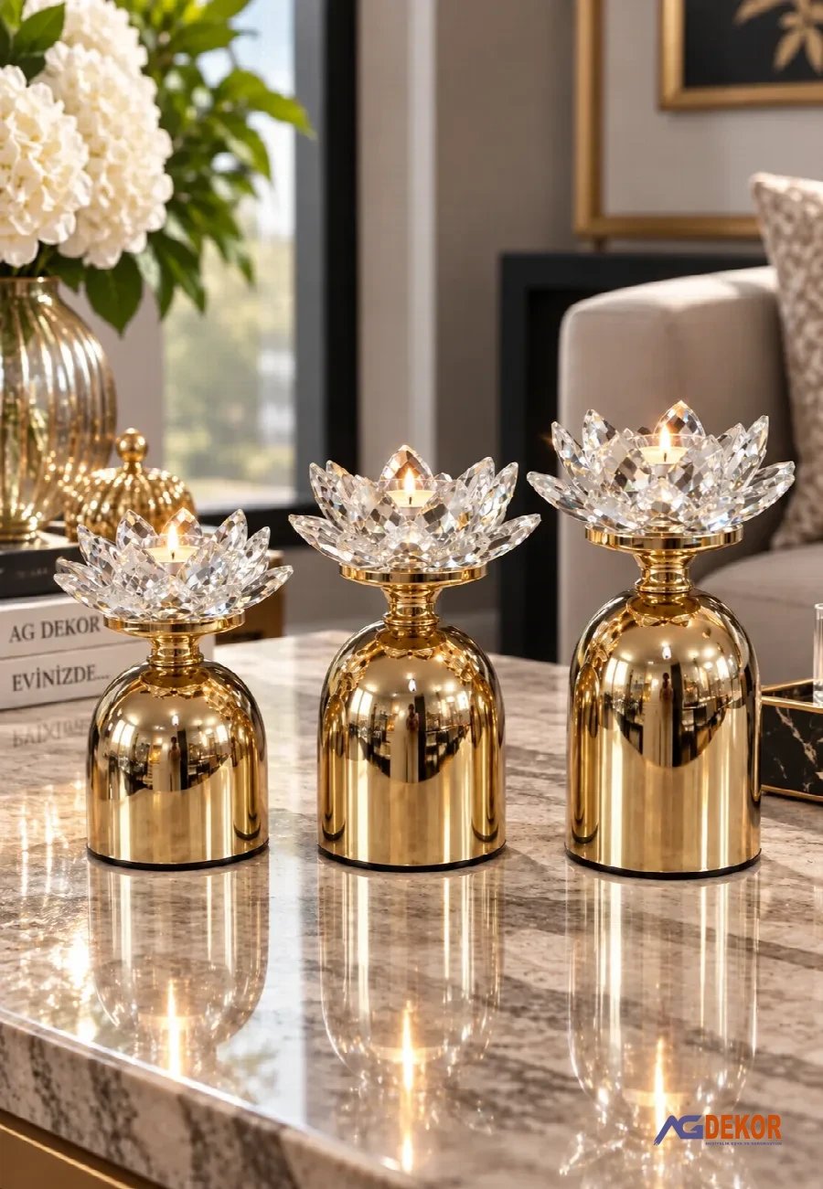 Ayaklı kristal nilüfer mumluk 3lü (altın)