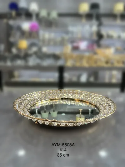Aynalı kristal taşlı gold tepsi