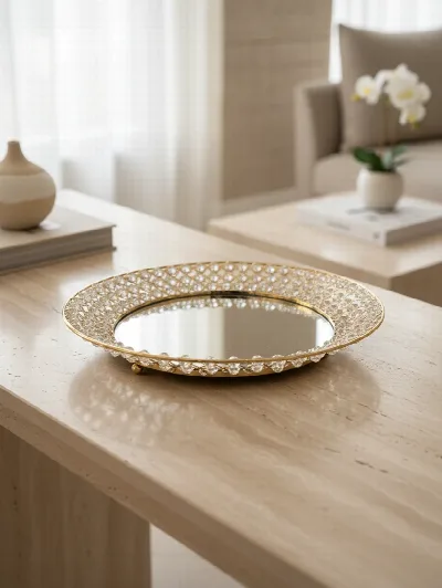 Aynalı kristal taşlı gold tepsi