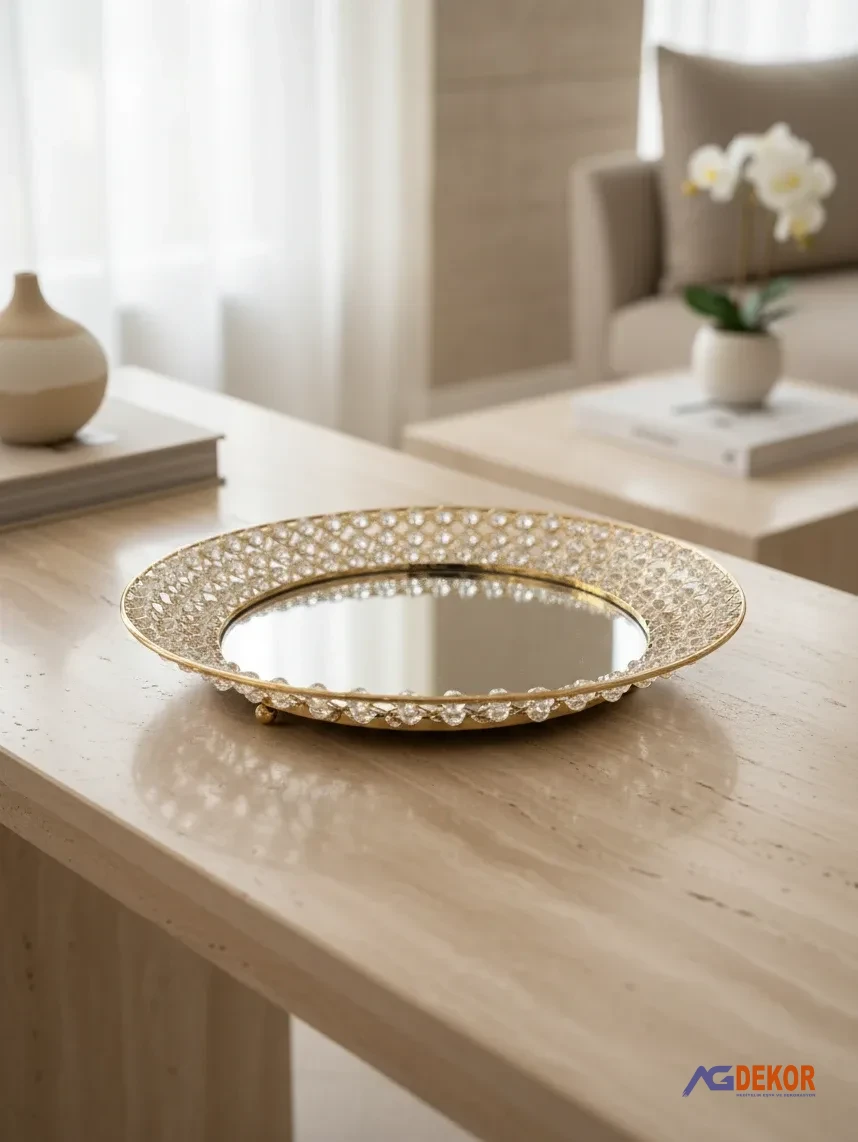 Aynalı kristal taşlı gold tepsi