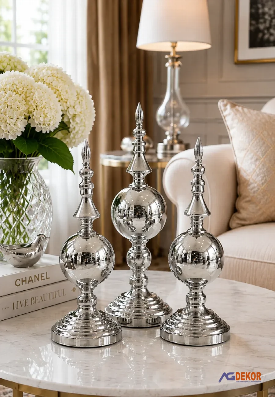 Dekoratif metal 3'lü küre (gümüş)