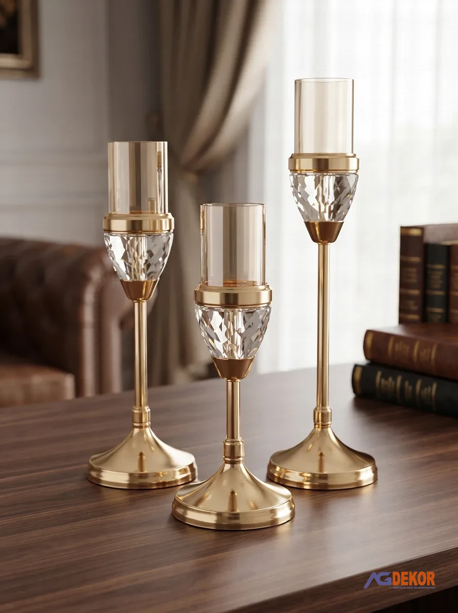 Kristal camlı 3lü şamdan (altın)