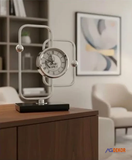 Kristal kaideli metal masa saati (gümüş)