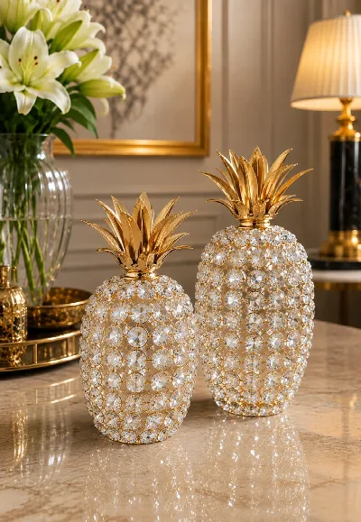 Kristal taşlı 2'li dekor ananas (altın)