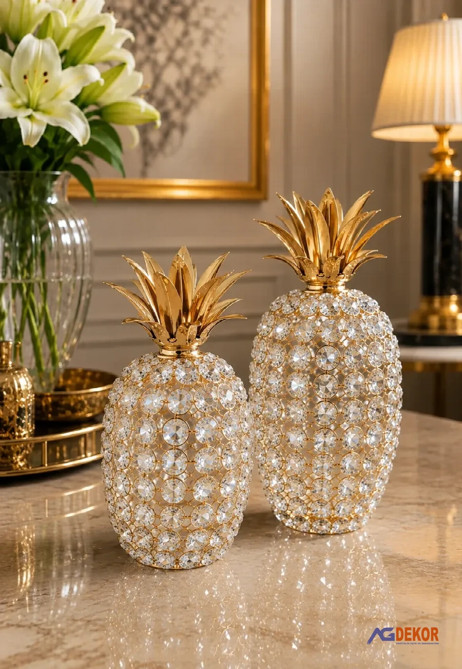 Kristal taşlı 2'li dekor ananas (altın)
