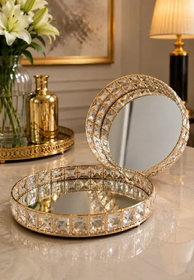 Kristal taşlı 2'li oval tepsi (altın)