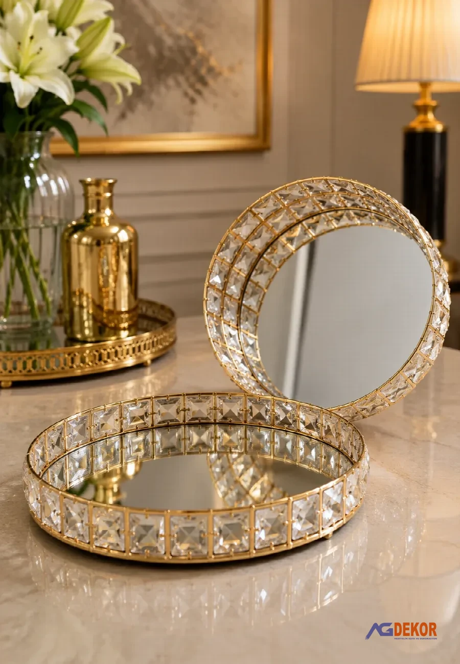 Kristal taşlı 2'li oval tepsi (altın)