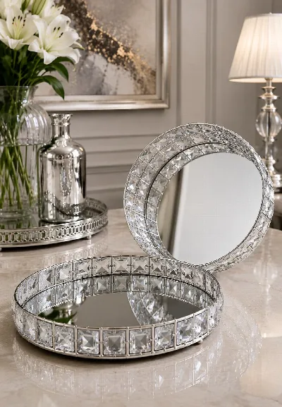 Kristal taşlı 2'li oval tepsi (gümüş)