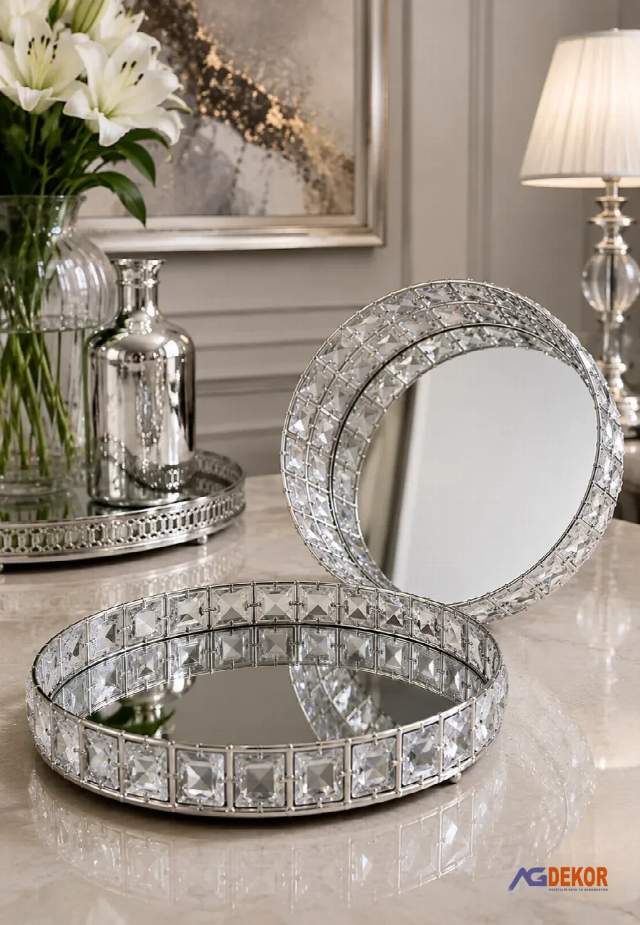 Kristal taşlı 2'li oval tepsi (gümüş)