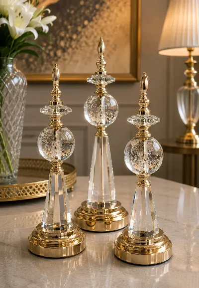 Kristal taşlı 3lü dekoratif fener (altın)