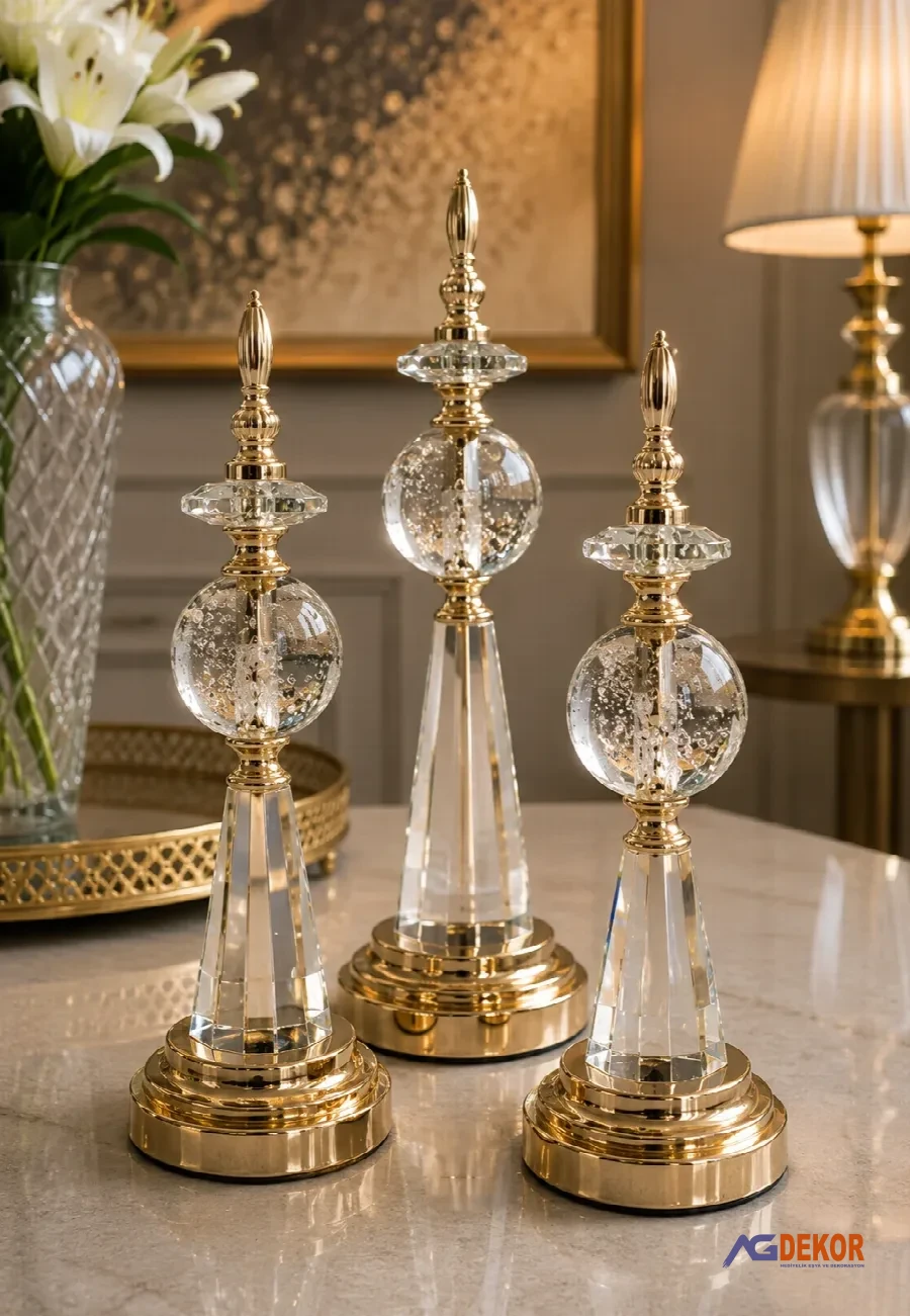 Kristal taşlı 3lü dekoratif fener (altın)