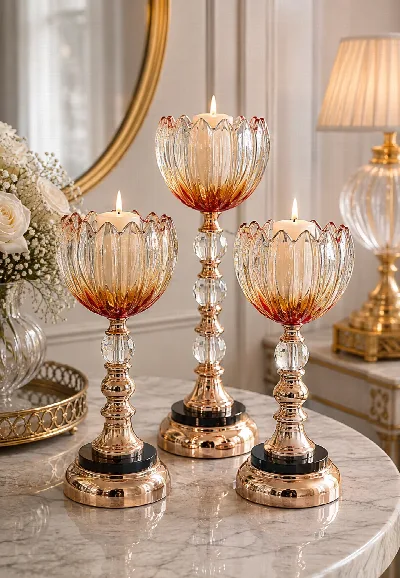 Kristal taşlı 3'lü mumluk (altın)