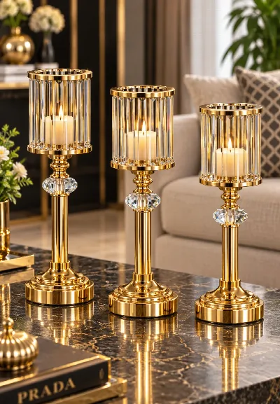 Kristal taşlı 3'lü mumluk (altın)