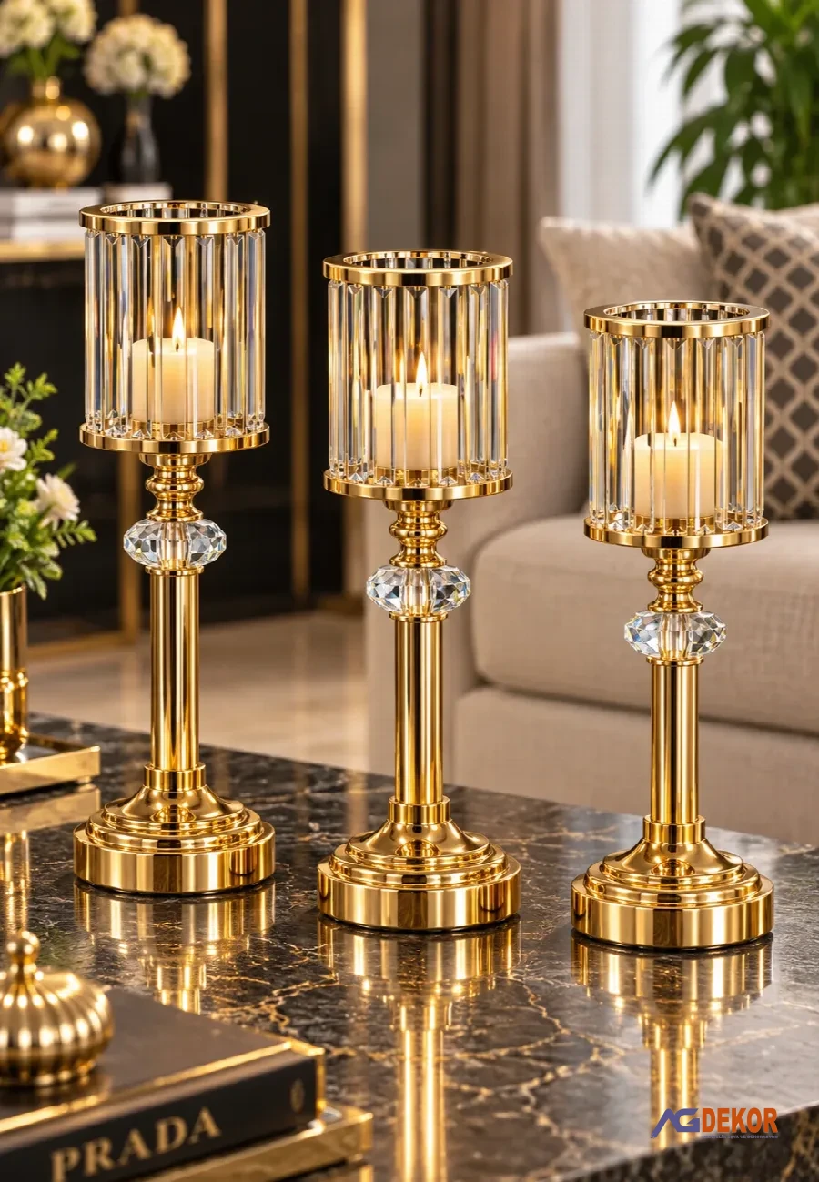Kristal taşlı 3'lü mumluk (altın)