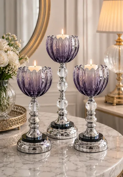 Kristal taşlı 3'lü mumluk (gümüş)