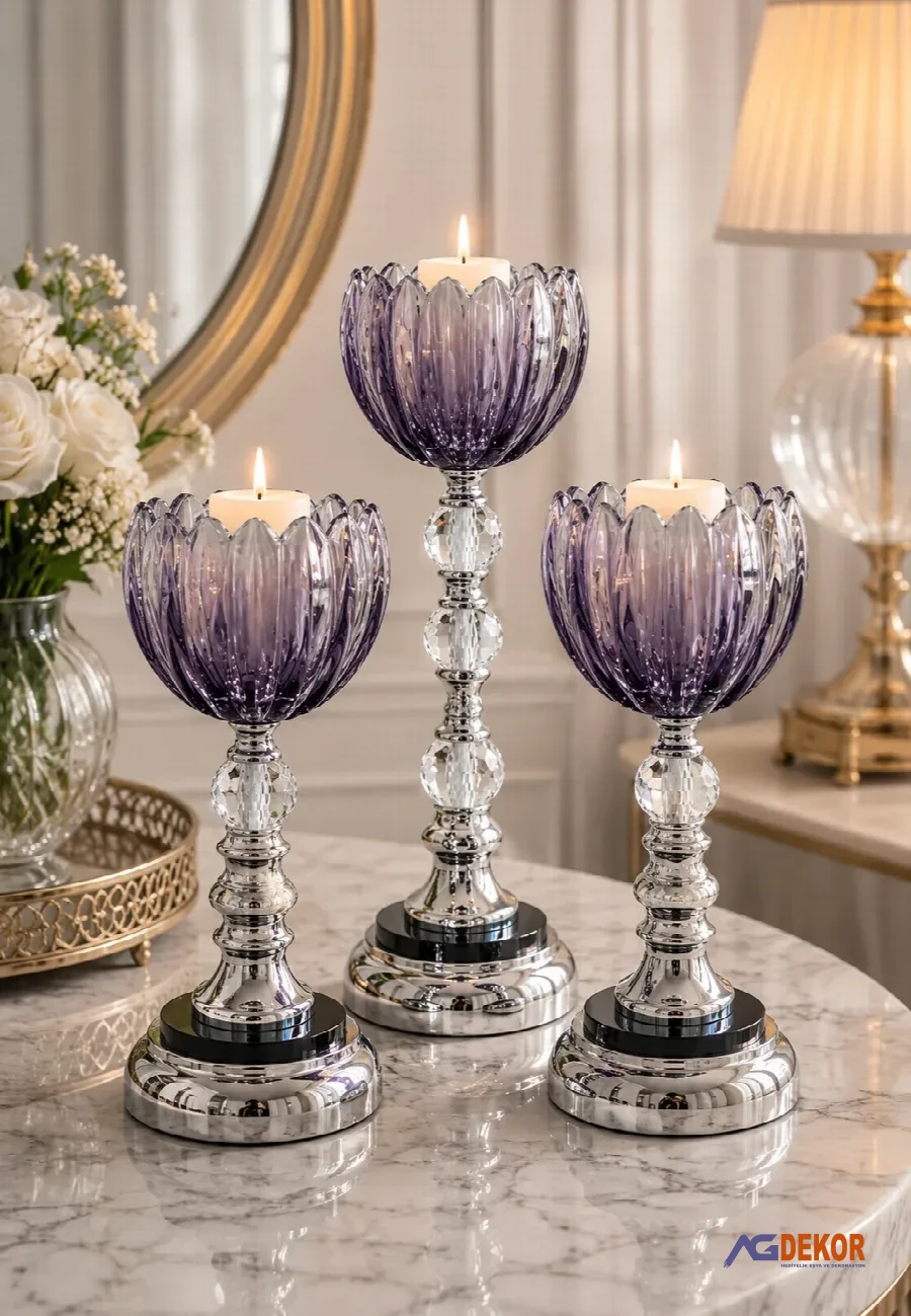 Kristal taşlı 3'lü mumluk (gümüş)