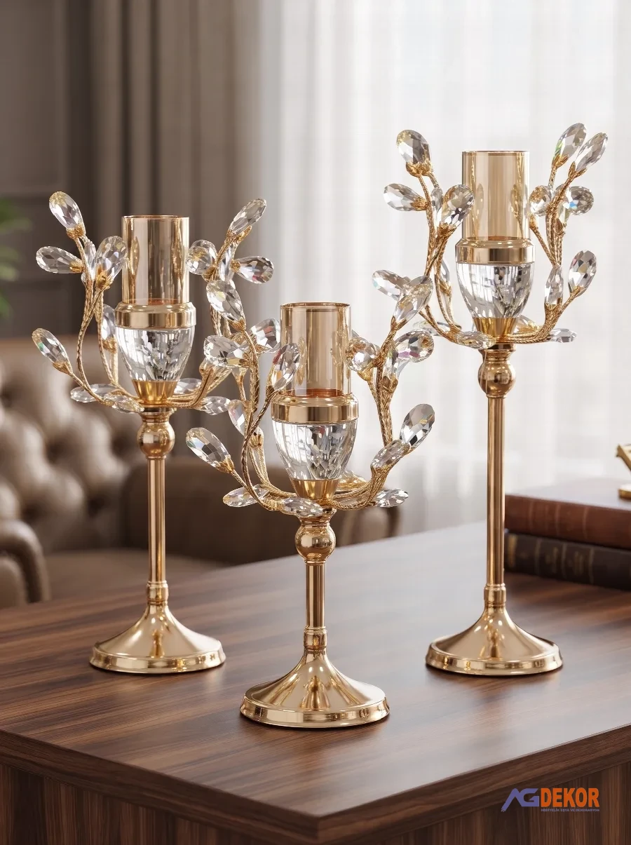 Kristal taşlı 3lü şamdan (altın)