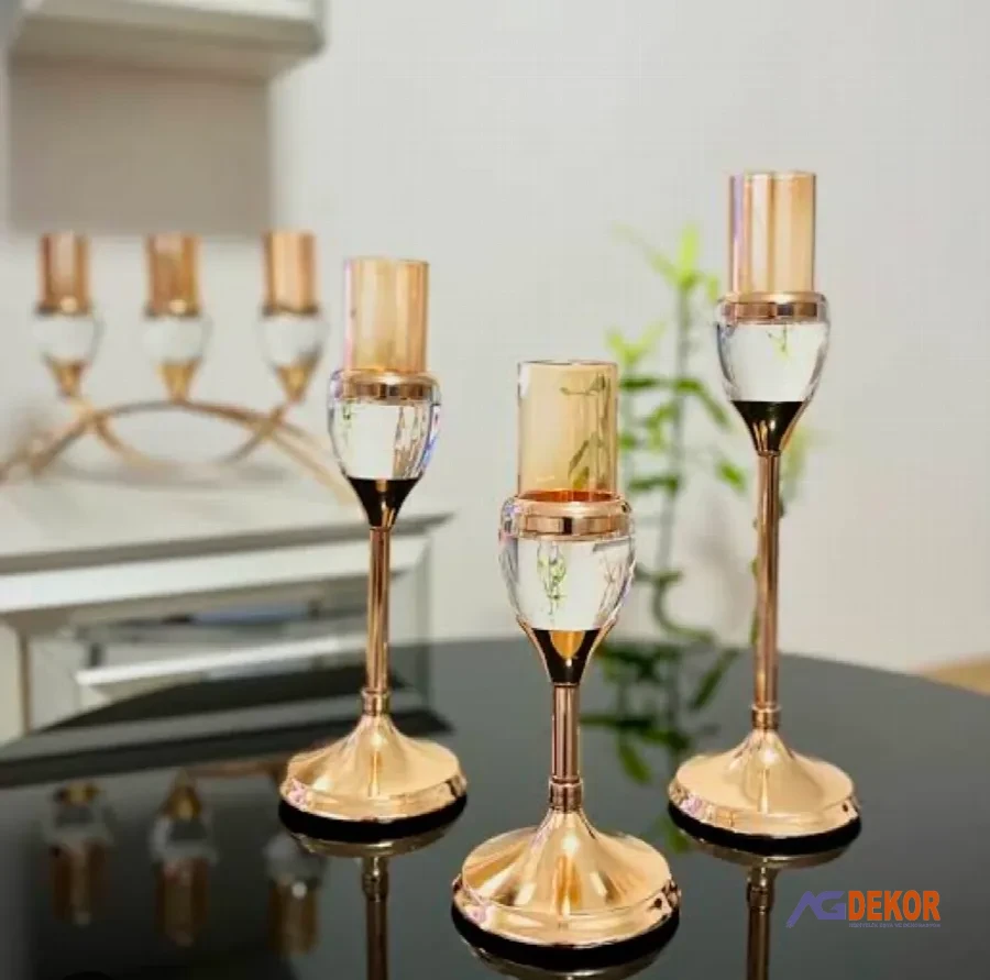Kristal taşlı 3lü şamdan (gümüş)
