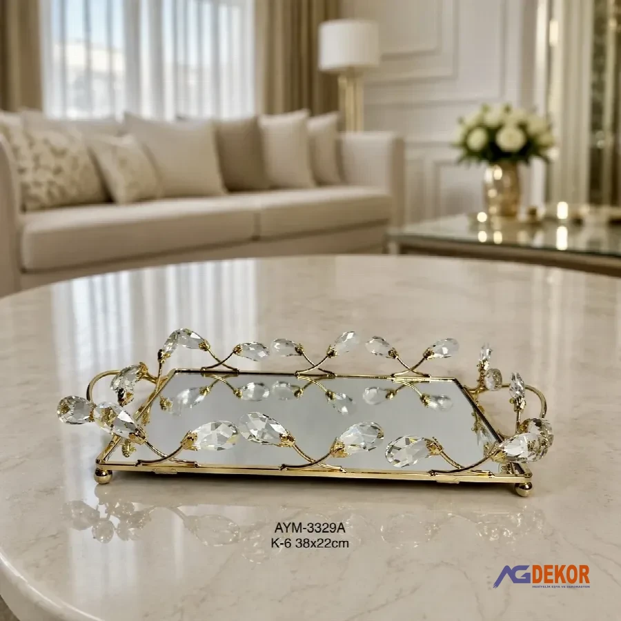 Kristal taşlı dikdörtgen tepsi (altın)