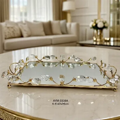 Kristal taşlı dikdörtgen tepsi (altın)