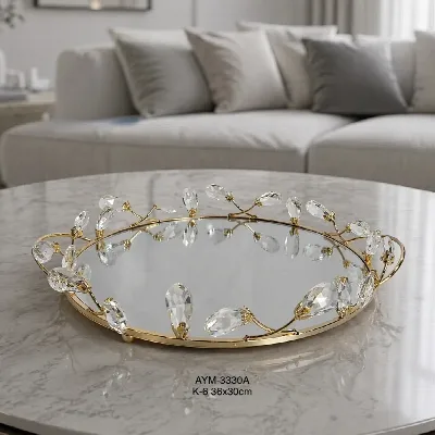 Kristal taşlı yuvarlak tepsi (altın)