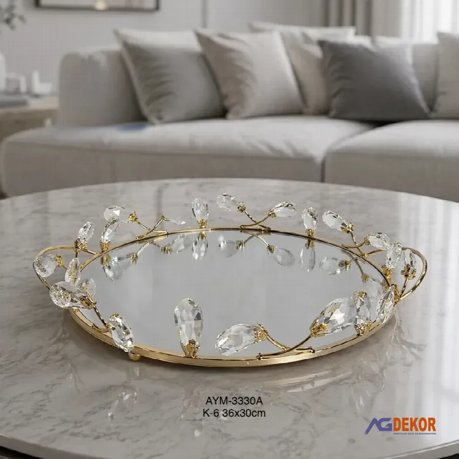 Kristal taşlı yuvarlak tepsi (altın)