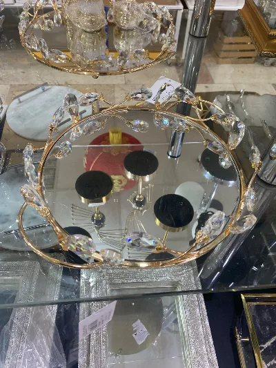 Kristal taşlı yuvarlak tepsi (altın)