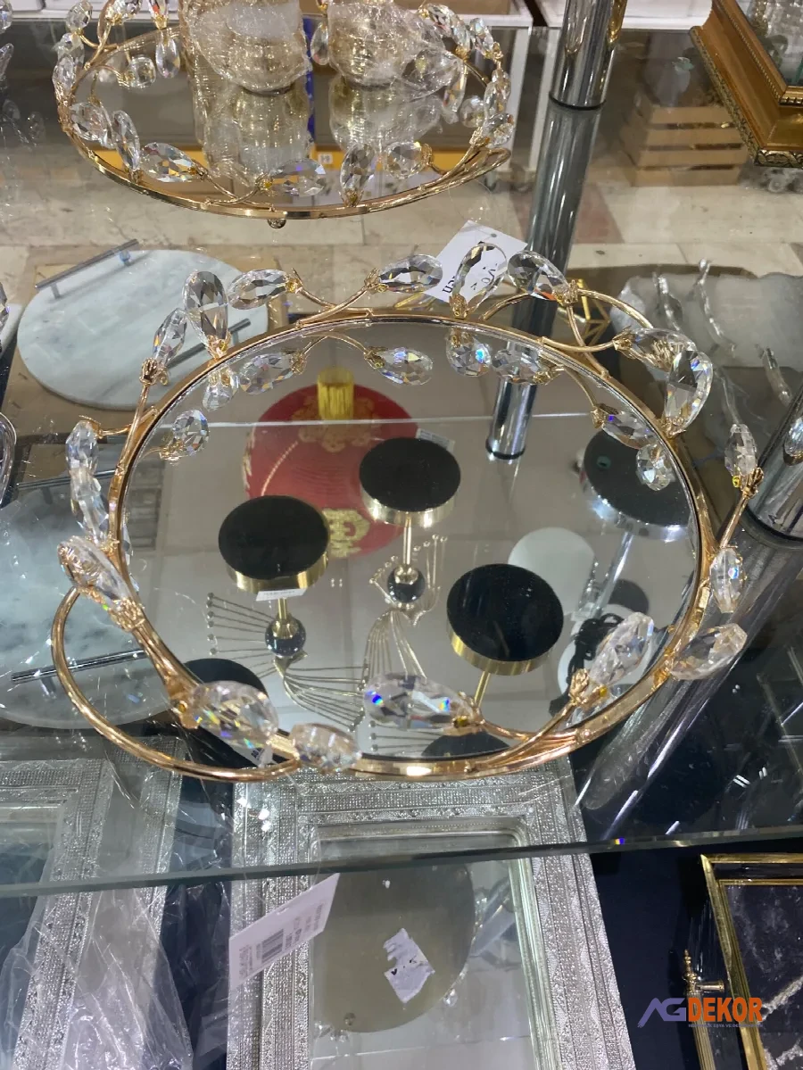 Kristal taşlı yuvarlak tepsi (altın)