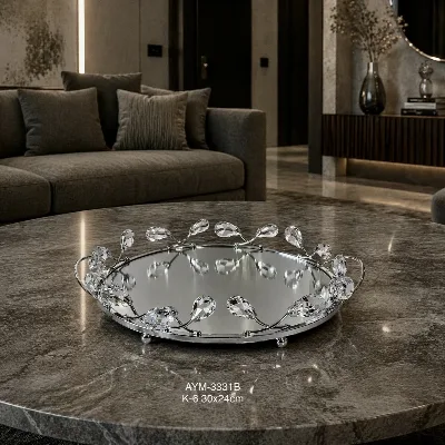 Kristal taşlı yuvarlak tepsi (gümüş)