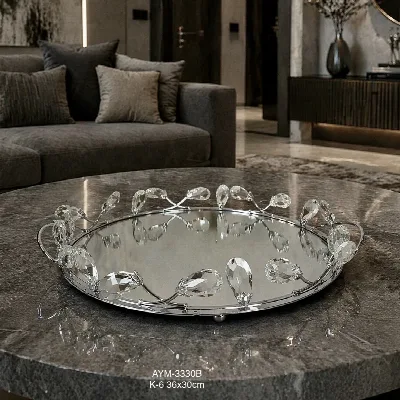Kristal taşlı yuvarlak tepsi (gümüş)