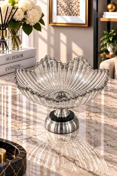 Metal ayaklı cam meyvelik (gümüş)