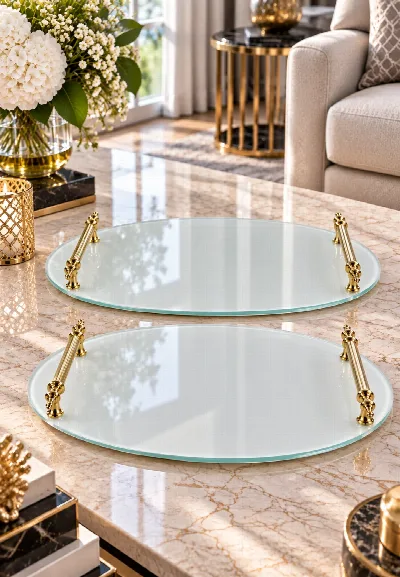 2'li oval beyaz cam tepsi (altın)