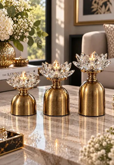 Metal ayaklı 3'lü kristal nilüfer (eskitme)