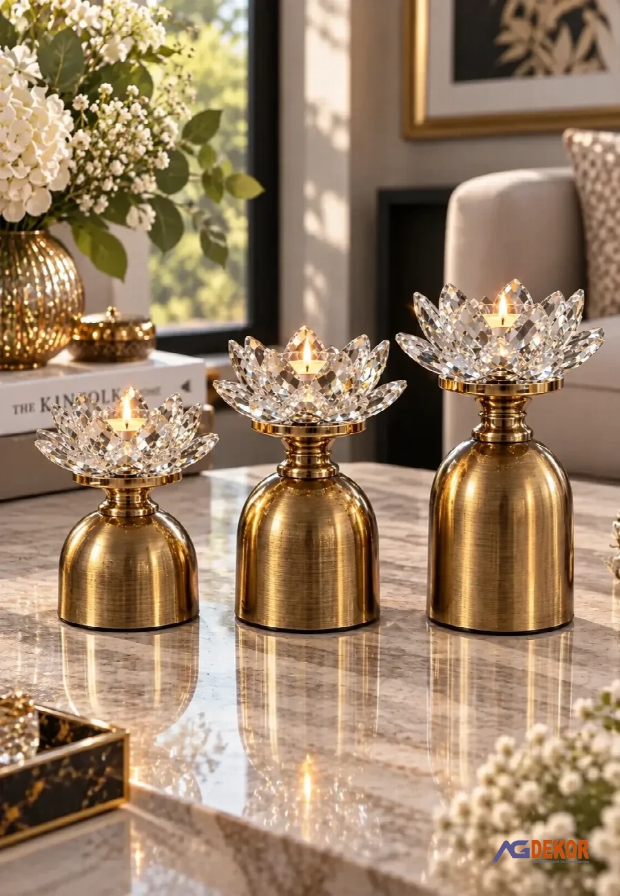 Metal ayaklı 3'lü kristal nilüfer (eskitme)
