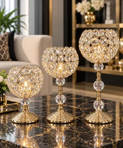 Metal ayaklı kristal taşlı 3'lü şamdan (altın)