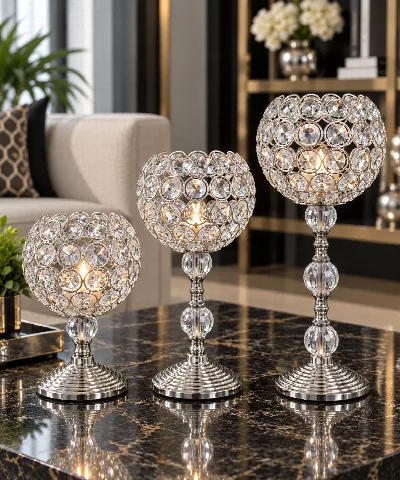 Metal ayaklı kristal taşlı 3'lü şamdan (gümüş)