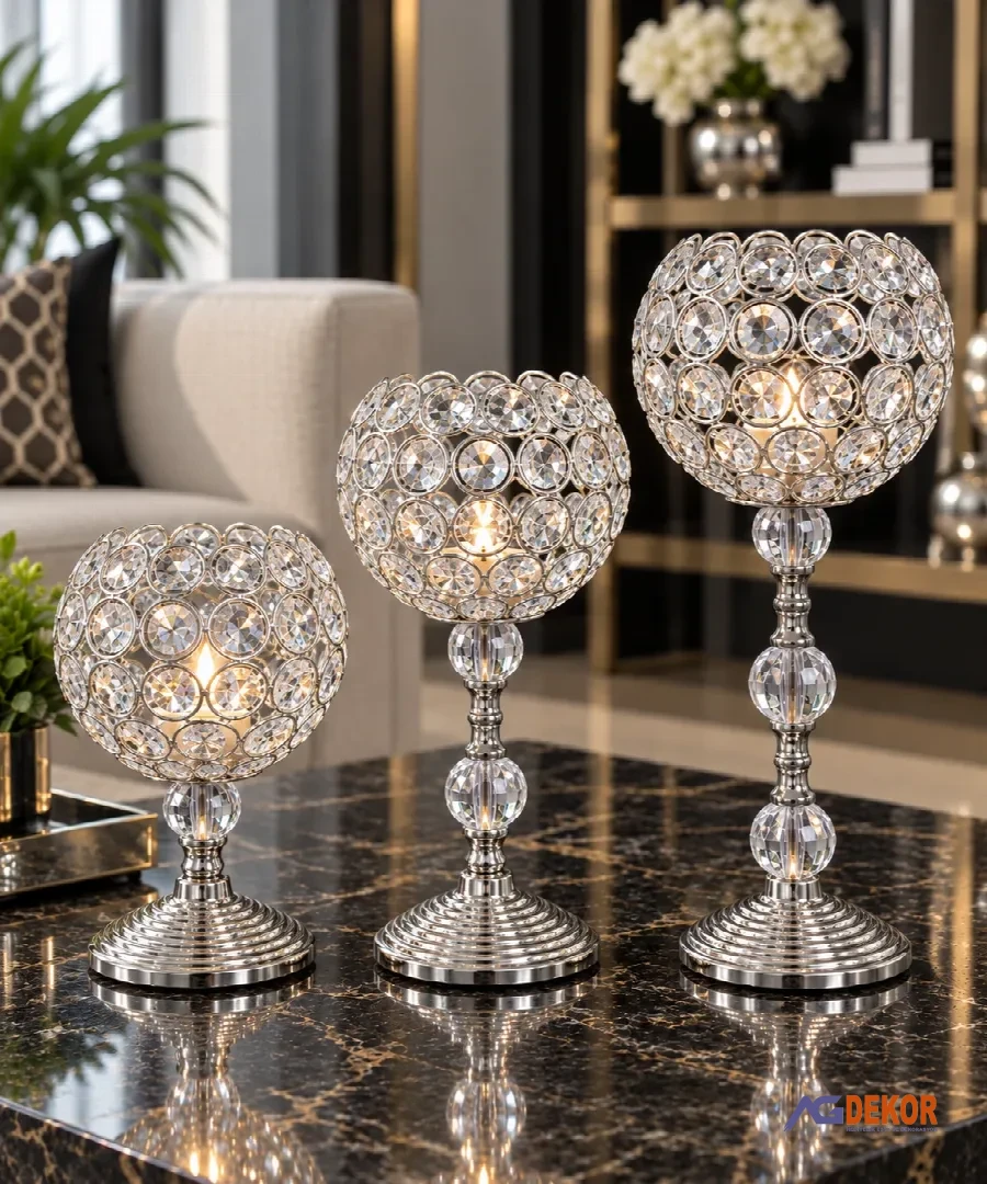 Metal ayaklı kristal taşlı 3'lü şamdan (gümüş)