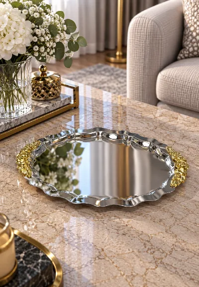 Oval kulplu çiçekli tepsi (gümüş)