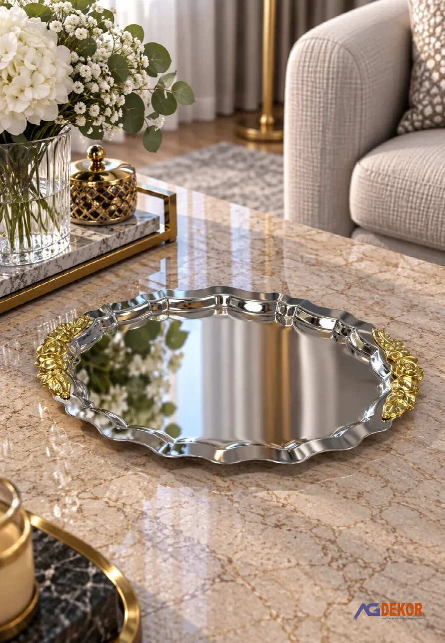 Oval kulplu çiçekli tepsi (gümüş)