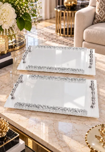 2'li metal kulplu dörtgen taşlı mika tepsi (Gümüş)