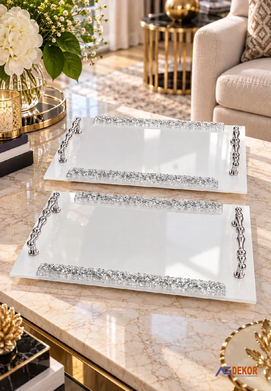 2'li metal kulplu dörtgen taşlı mika tepsi (Gümüş)