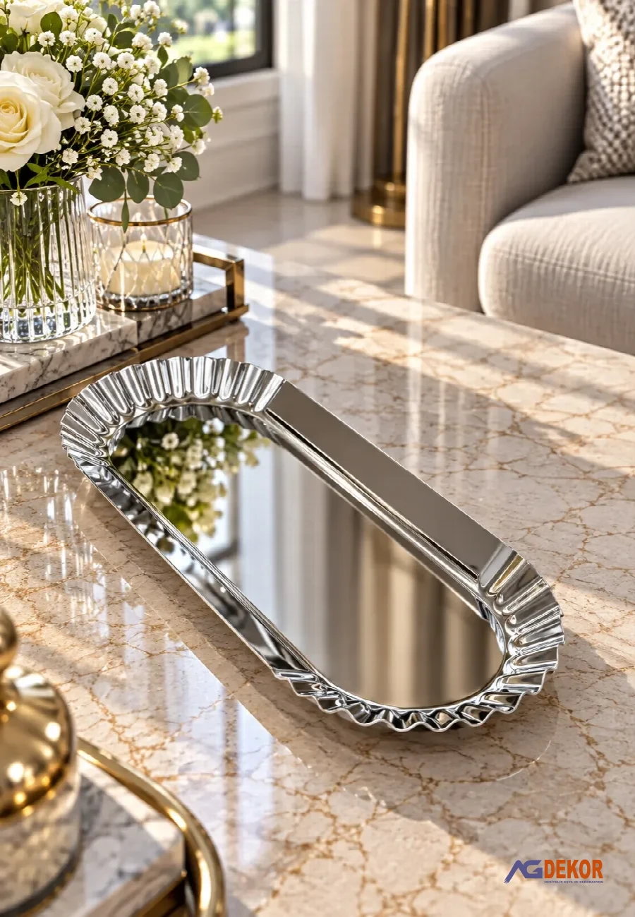 Tırtıklı oval uzun tepsi (gümüş)