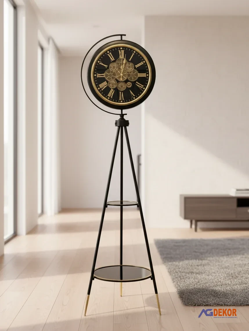 Tripod ayaklı metal çarklı saat