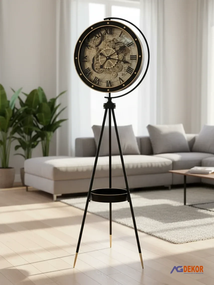 Tripod ayaklı metal çarklı saat