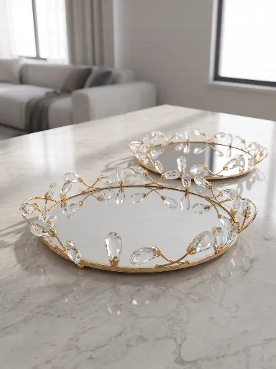 2'li yuvarlak kristal taşlı aynalı tepsi (altın)