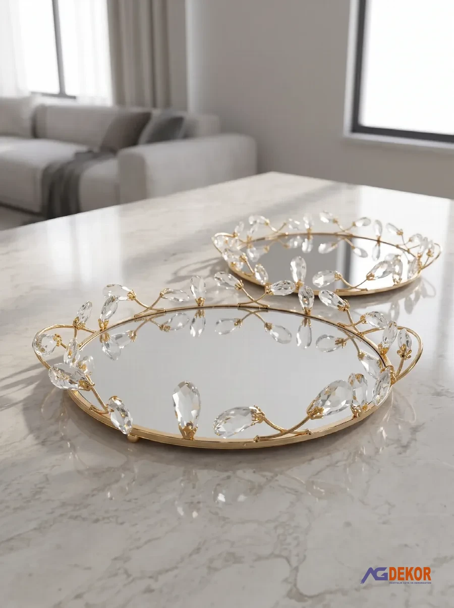 2'li yuvarlak kristal taşlı aynalı tepsi (altın)