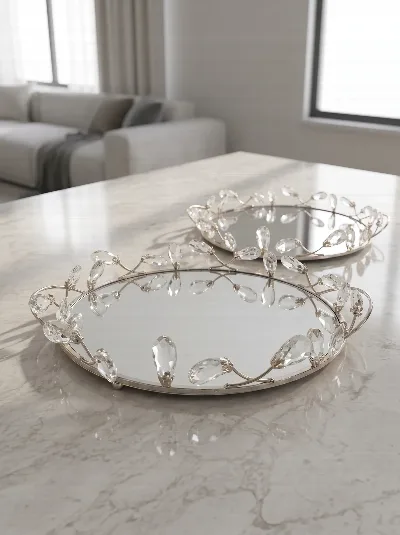 2'li yuvarlak kristal taşlı aynalı tepsi (gümüş)