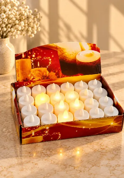 Renkli kutu içinde dizili beyaz led tealight mumlar, bir kısmı sarı ışıkla yanıyor